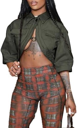 Symina Jackets for Women Casual Short Sleeve Sexy Cropped Denim Jacket Cut Out Button Down Top Clubwear Size L