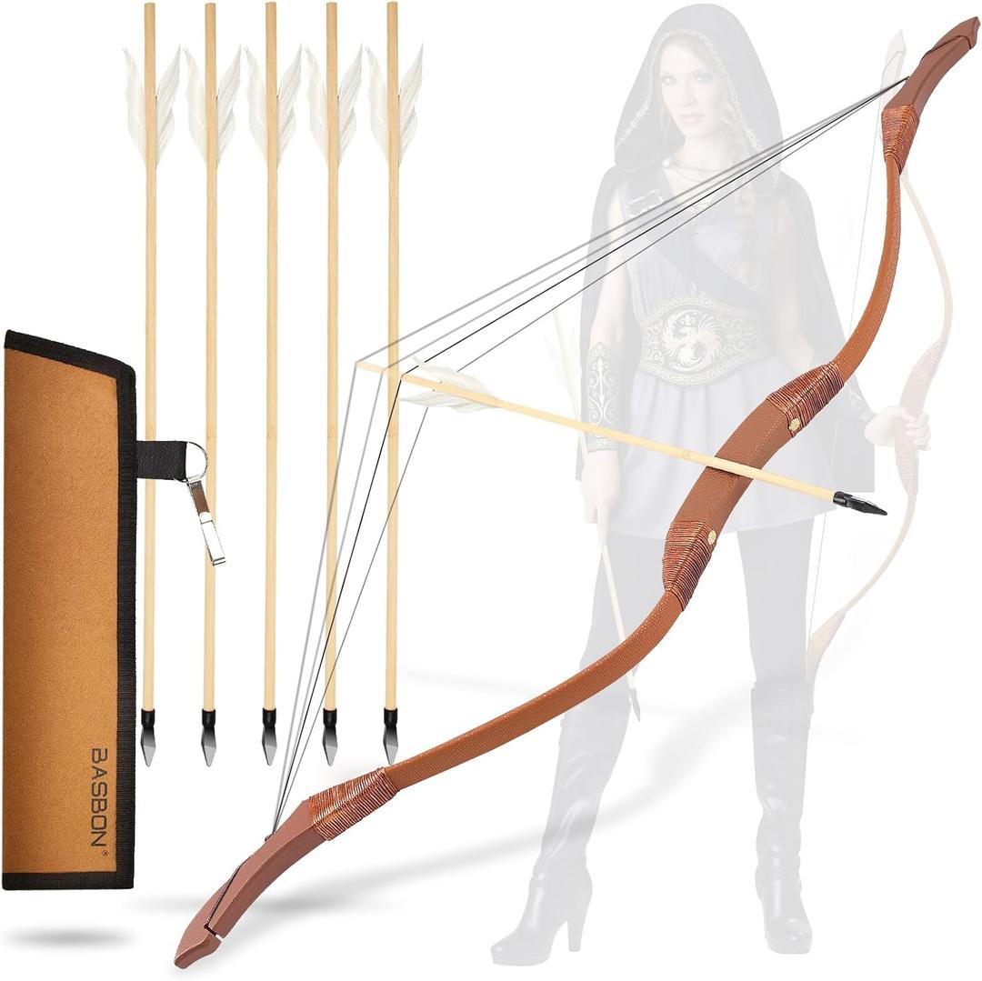 Youth Wooden Bow and Arrow Set, 40 Inch Archery Set Microfiber Leather-Wrapped, Handmade Toys Bow and Arrow Cosplay Costume Prop Games, 5 Feather Arrows (Rubber Tip), Gifts for Kids Boys Girls