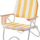Padded Low Beach Chair, 4-Position Folding Outdoor Chair with Wooden Armrests, Cushioned Seat, Storage Pouch & Carry Strap for Beach, Patio and Lawn, Cala Serena Ochre Stripe