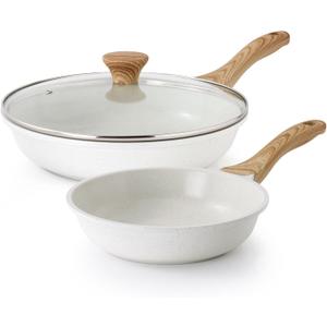 SENSARTE Nonstick Frying Pan Skillets, White Ceramic Coating Omelette Pans, Healthy Cookware Chef's Pan, Free of PTFE & PFAS (8+11Inch with Lid)