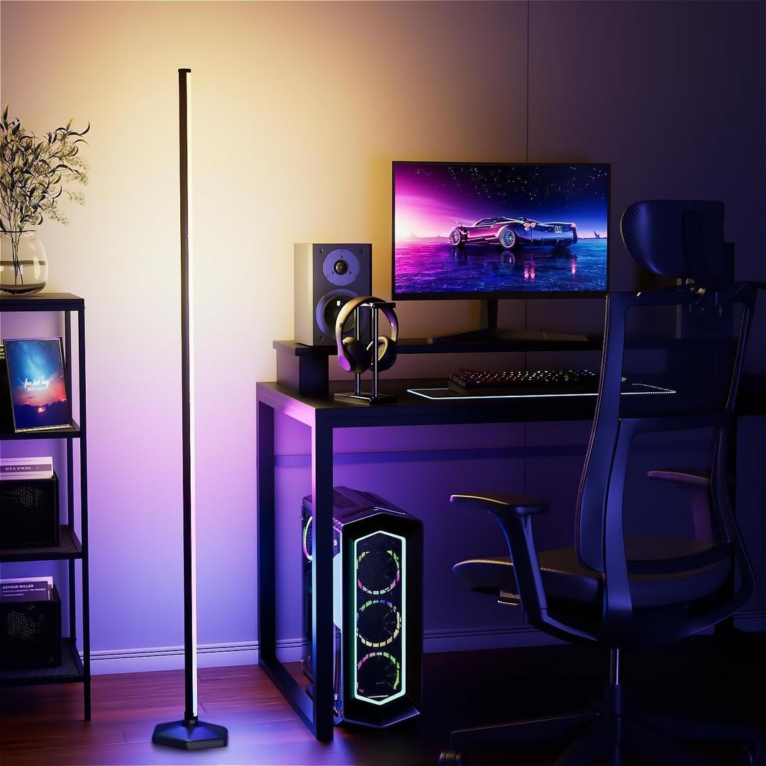 RGB Corner Floor Lamp, 65" Color Changing LED Floor Lamp Bluetooth APP Remote Control Music Sync Modern Standing Lamp 16 Million DIY Colors with Heavy Base for Living Room Bedroom GameRoom (1PC)