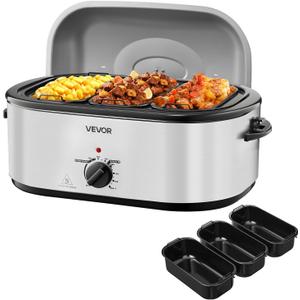 VEVOR Roaster Oven, 24QT Electric Turkey Roaster Oven, 150-450 Adjustable Temperature Electric Roasting Pan with 3 Bin Buffet Server, Self-Basting Lid, Defrost & Warm Function, Self-Basting Lid (Silver)