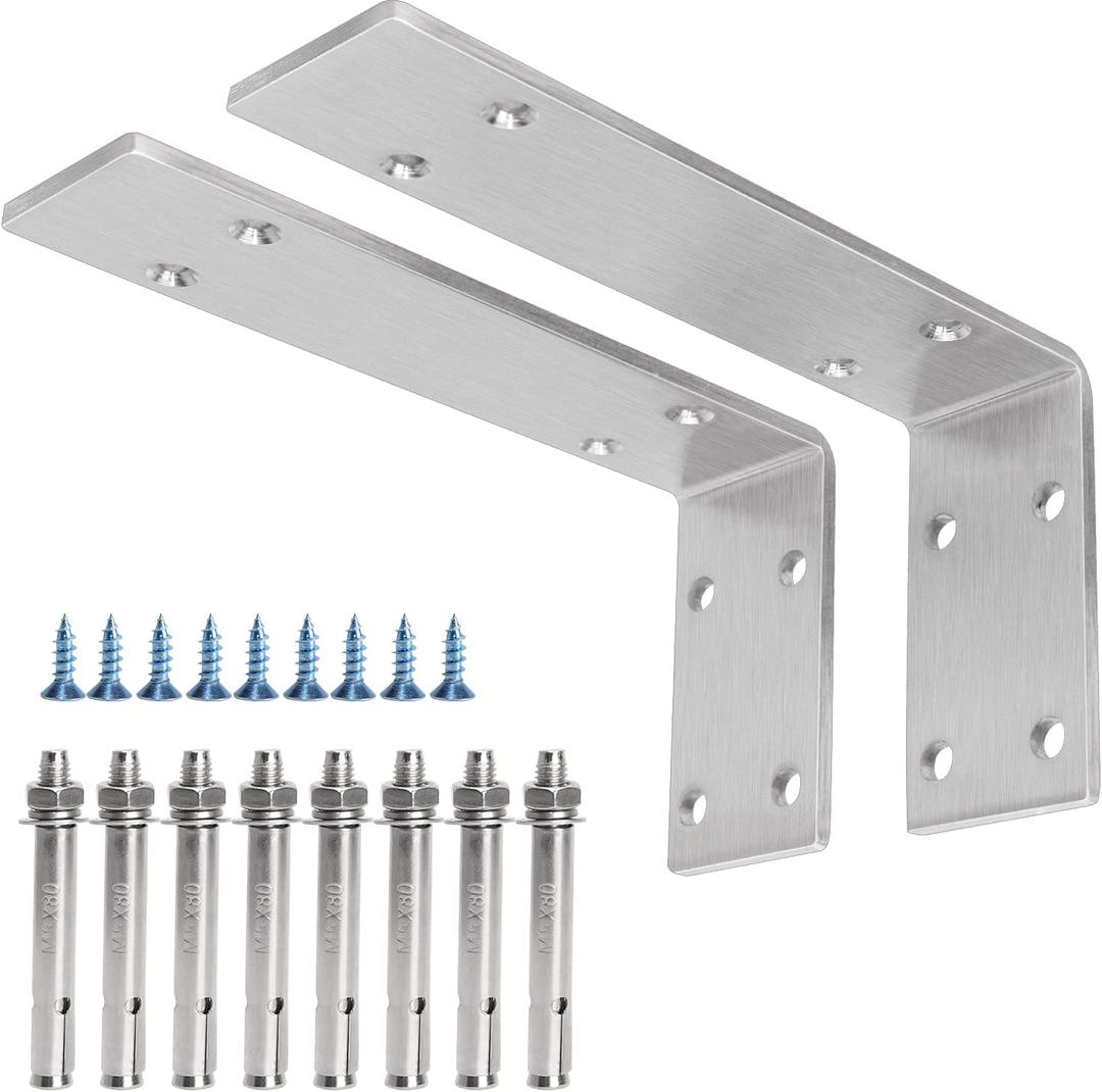 YUMORE Shelf Bracket 8 inch, Heavy Duty (1/5") Thick Solid L Brackets, Max Load: 230lbs, Stainless Steel Countertop Bar Top Support Brackets Wall Mounted, Includes Hardware, 2 Pack