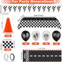 Race Car Party Decorations, AHIER 61 Pcs Set-12 Traffic Cones and 24 Racing Checkered Flags, 6.5Ft Racetrack Floor Runner and 9.8ft Checkered Race Track Banner, Tablecloth, Balloons and Ribbons