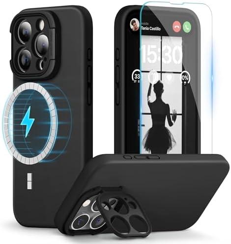 pcgaga Designed for iPhone 15 Pro Max Case with Camera Stand, Compatible with MagSafe and Screen Protector, Phone Strap Liquid Silicone Shockproof Full Body Protection with Microfiber Lining (Black)