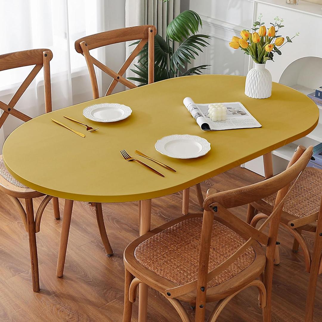 Spandex Oval Fitted Table Cover, Washable Non Pilling Breathable Fabric Indoor Tablecloth Elastic Band for Dining Kitchen Party Banquet Decoration 42 x 60 Inch Yellow