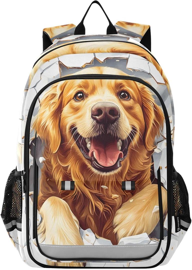 Grinning Golden Retriever Dog Backpack for Boys Girls Kids Elementary Middle School Bag Laptop Backpack Travel Rucksack (12.9 X 8.6 X 17.7 inch, A005)