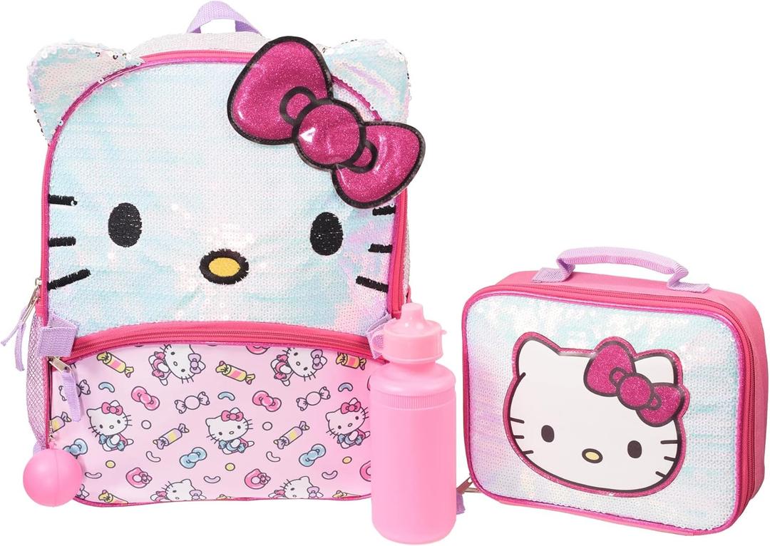 AI ACCESSORY INNOVATIONS Hello Kitty Girls 4 Piece Backpack Set, Iridescent Flip Sequin 16" School Bag with 3D Features, Front Zip Pocket, Pink & White