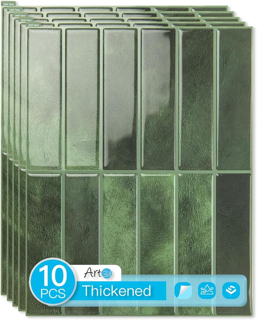 Art3d 11.4 x 9 Inch Heavy-Duty Peel and Stick Backsplash for Home Dcor, 10-Pack PVC Wall Tiles for Kitchen Countertop, Green