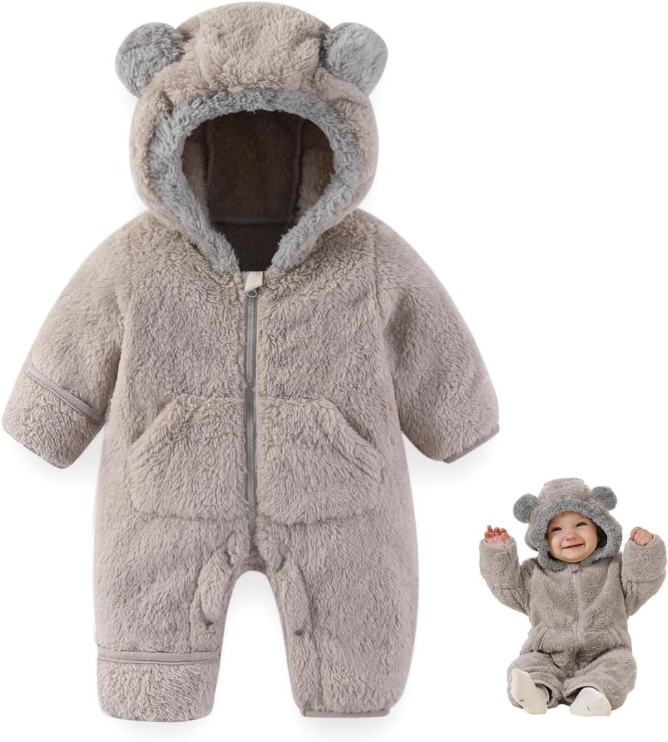 Newborn Baby Bear Outfit Suit With Fold-Over Mittens Footies Girls Boys Winter Fleece Clothes Hooded Romper Snowsuit (0-3 Months, Grey)