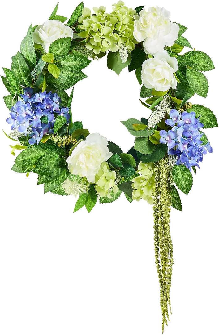 VEVOR Spring Wreath for Front Door 24 Inch - Artificial Hydrangea Wreath with Peonies, Year-Round All Season Outdoor Indoor Decor (Blue White Green Summer Floral)