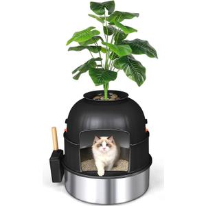 Three-Section Hidden Cat Litter Box, Stainless Steel Litter Box, Cat Litter Box Hidden with Faux Plant & Scoop, Vented Filter for Odor Control, Hidden Litter Box Furniture, Home Decor (Black)