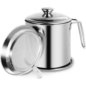 Bacon Grease Container with Strainer & Lid - 43oz 304 Stainless Steel Oil Keeper for Kitchen, Leakproof Grease Saver, Fry Fat Storage Organizer for Cooking Oil/Grease, Steel Handle