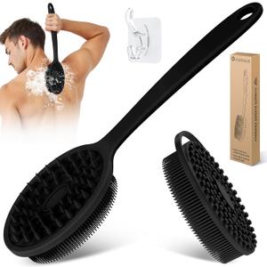 Silicone Back & Body Scrubber Set 2PCS, 13.4'' Gentle Exfoliating Back Scrubber with Dual-Side Head and Non-Slip Handle, Hygienic Silicone Loofah with Soft Bristles and Massage Dots(Black-2PC)