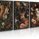 William Morris Wall Art Deer Squirrel Painting Prints Large Gothic Animal Canvas Wall Art for Living Room Dark Academia Artwork Pictures Moody Botanical Wall Decor 16"X24"X3PCS Unframed (Black Yellow)