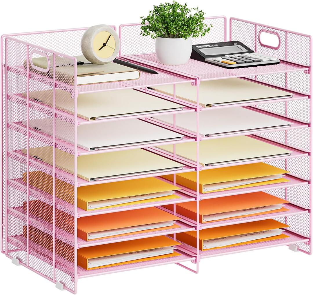 Marbrasse Desktop Literature Organizer, 12 Compartments Mesh Paper Organizer Desk Organizers, Adjustable File Sorter Mail Center Paper Storage Cabinet Classroom Mailbox for Office Home School, Pink