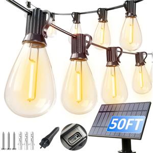 luckystyle 50FT Solar String Lights Outdoor Waterproof with 18+1 LED Bulbs Long Last for 20+Hrs, Commercial Grade Shatterproof USB Patio Solar Powered Lights for CampingBackyard, Garden, Porch Decor