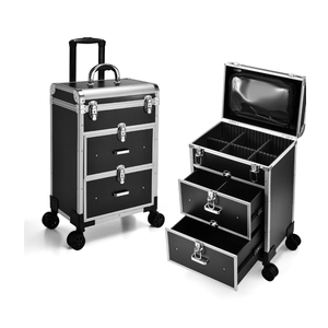 Adazzo Professional Rolling Makeup Train Case with Drawers, Large Cosmetic Trolley with Locks, Cosmetics Storage Organizer Make up Case for Travel Makeup/Nail Art/Hair Styling, Matte Black