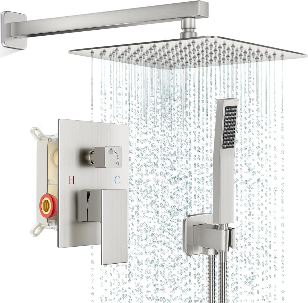 Shower Faucet Set Bathroom Square Rain Shower Head and Handle Set, Wall Mounted Shower Fixtures, Full Metal Trim Repair Kit 10 inch Brushed Nickel (With Shower Valve)