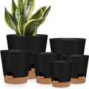 Indoor Self Watering Planters with Drainage Holes and Saucers, 8, 7, 6.5, 6, 5.5, 5 Inches, Black, 6 Pots