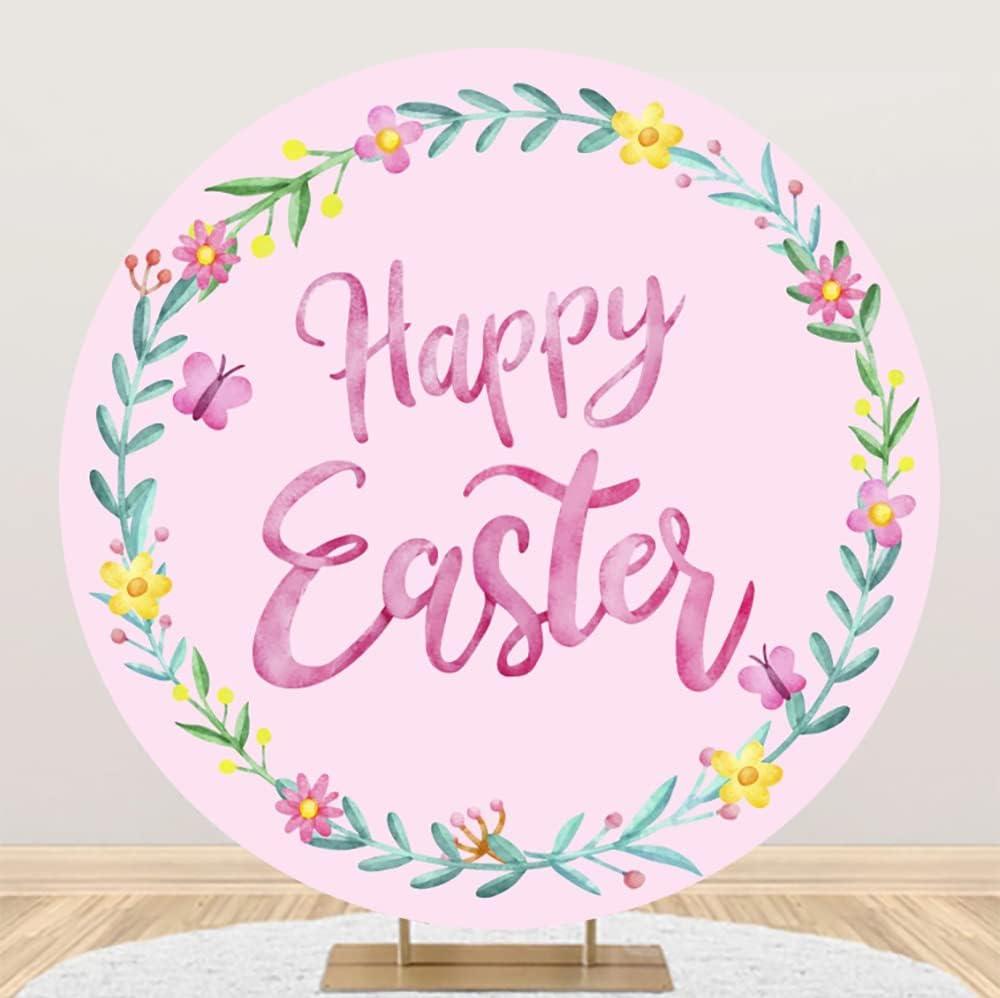Renaiss 7.2x7.2ft Happy Easter Round Backdrop Cover Watercolor Pink Flower Easter Wreath Circle Photography Background Spring Easter Baptism Newborn Party Decors Easter Garland Arch Photo Booth Props