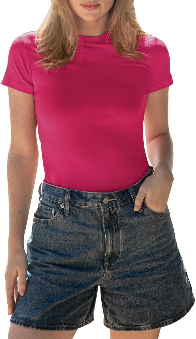 BAMBOO COOL Women's Skin-Tight Soft T-Shirts Short Sleeve Slim Fit Tops for Women Cute Basic Tees (Pink, M)