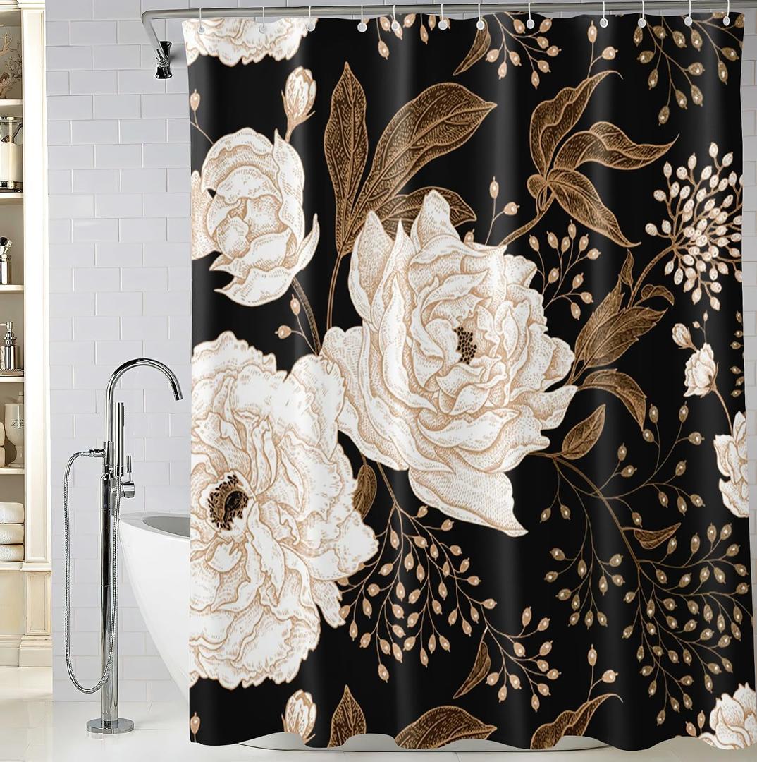 Black Gold White Floral Shower Curtains, Waterproof Fabric Watercolor Black Flowers Bathroom Boho Shower Curtain with 12 Hooks, Black Gold Plant Leaf Shower Curtain 72 x 72 Inch