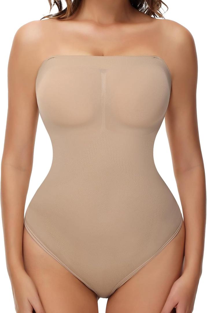 Strapless Shapewear Thong for Women Tummy Control One Piece Bodysuit Triangle Body Shaper Summer Tube Top Leotard (Large, Nudebrief)