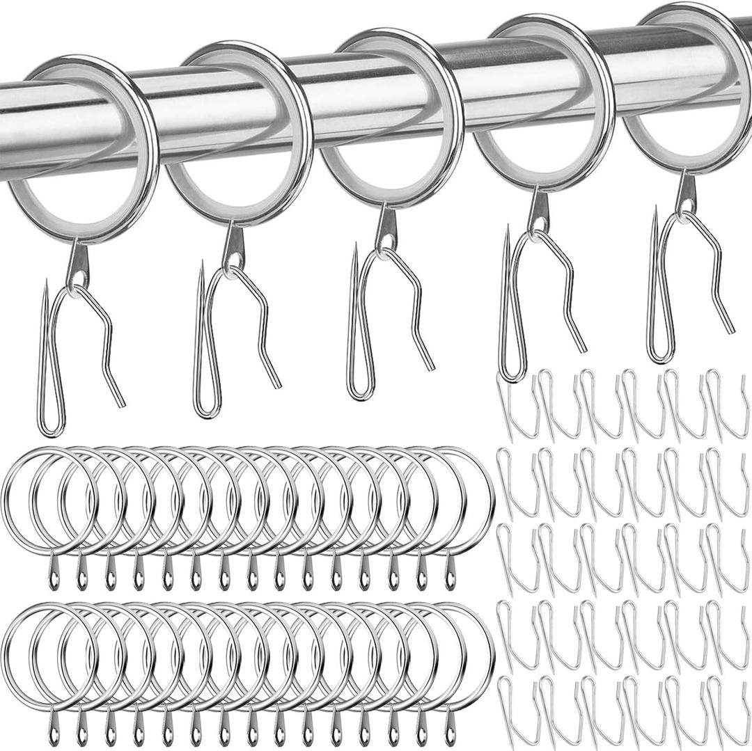 Metal Drapery Curtain Rings Curtain Hanging Rings and 30 Pieces Metal Curtain Drapery Pin Hooks for Window Curtain, Door Curtain and Shower Curtain, 30 mm Internal Diameter(30, Silver)