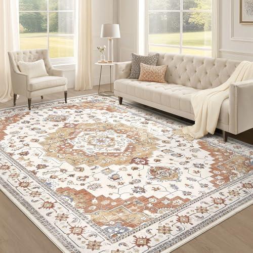 EIEIHOUSE Area Rugs for Living Room: Washable 9'x12' Living Room Rug Large Soft Vintage Floral Farmhouse Indoor Retro Area Rugs for Bedroom Dining Room Home Office - Yellow/Brick Red/Beige