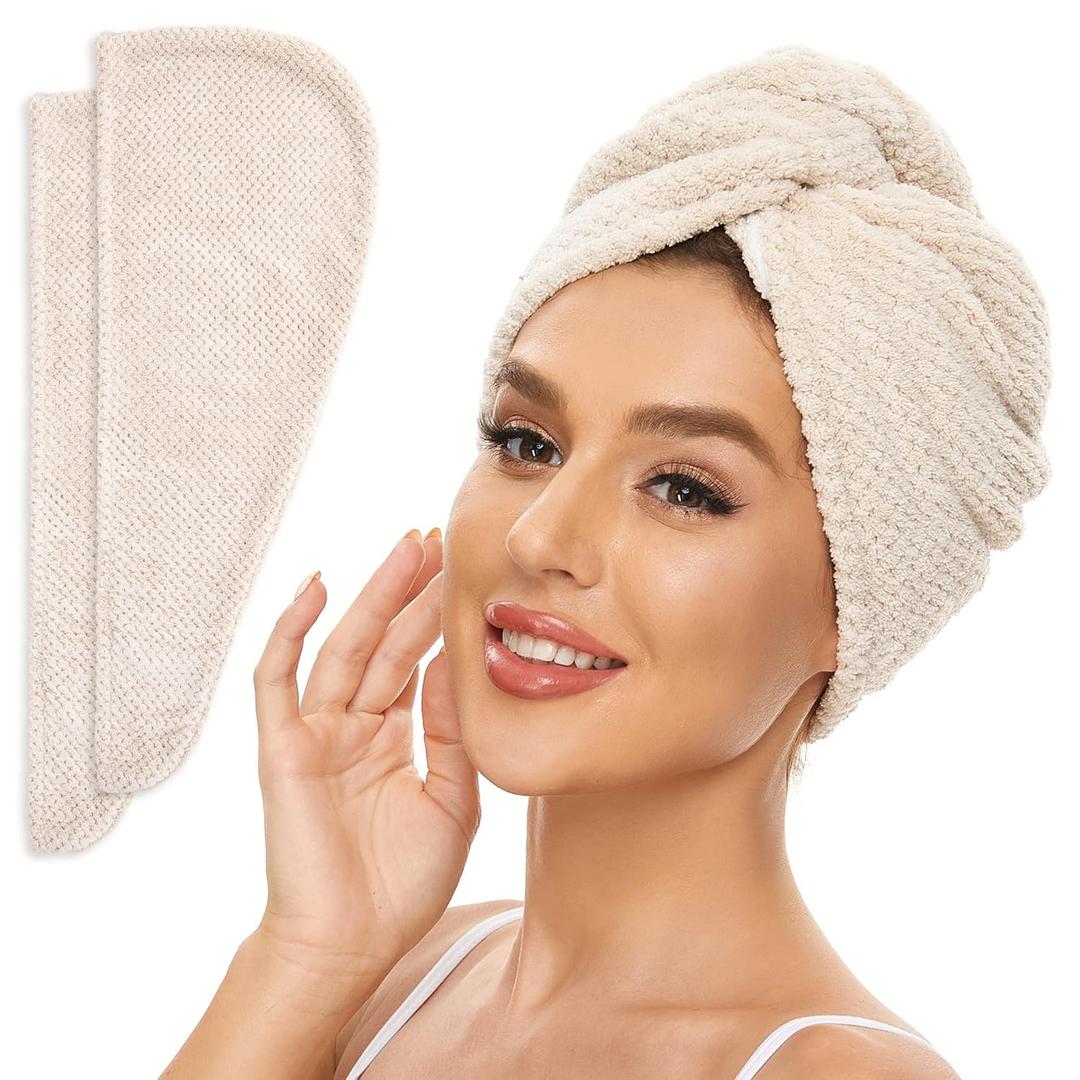 2 Pack Microfiber Hair Towel Wrap for Women, Anti Frizz Quick Drying Hair Turban for All Hair Style, Absorbent and Lightweight (Beige)