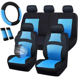 CAR PASS Universal 13PCS 3D Air Mesh-100% Breathable Seat Covers Full Sets, Steering Wheel&Belt Cover, Airbag and Rear Split Bench Compatible for 90% Automotive SUV Truck Cute Women Black Water Blue