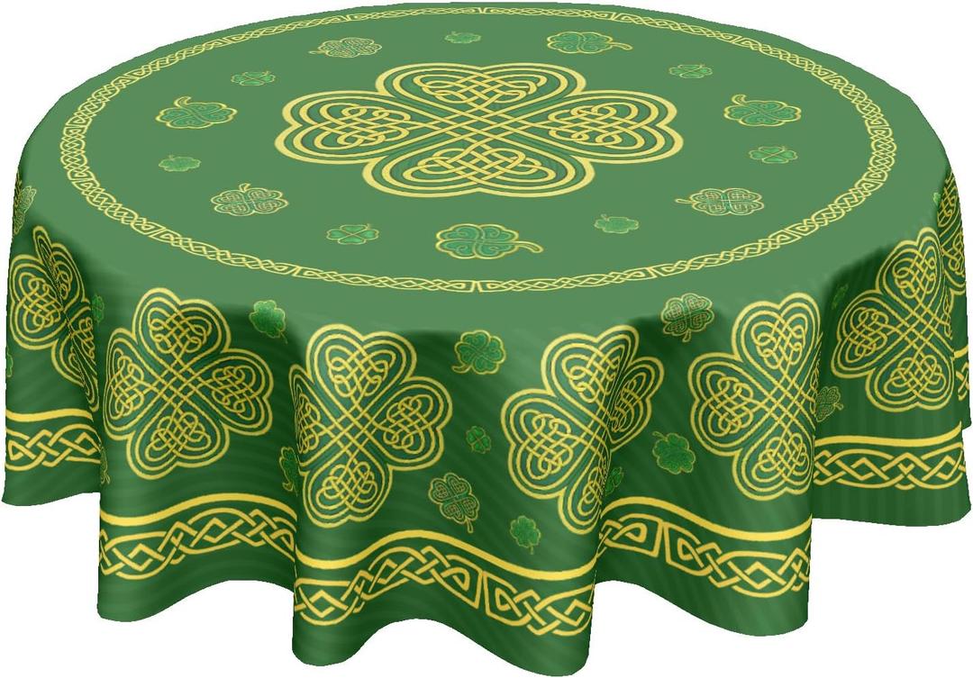 St. Patrick's Day Round Tablecloth 60 Inch Leaf Clover Pattern Circle Table Cloth Green Shamrock Table Cover Washable Polyester Indoor Decorations for Home Kitchen Dinning Party