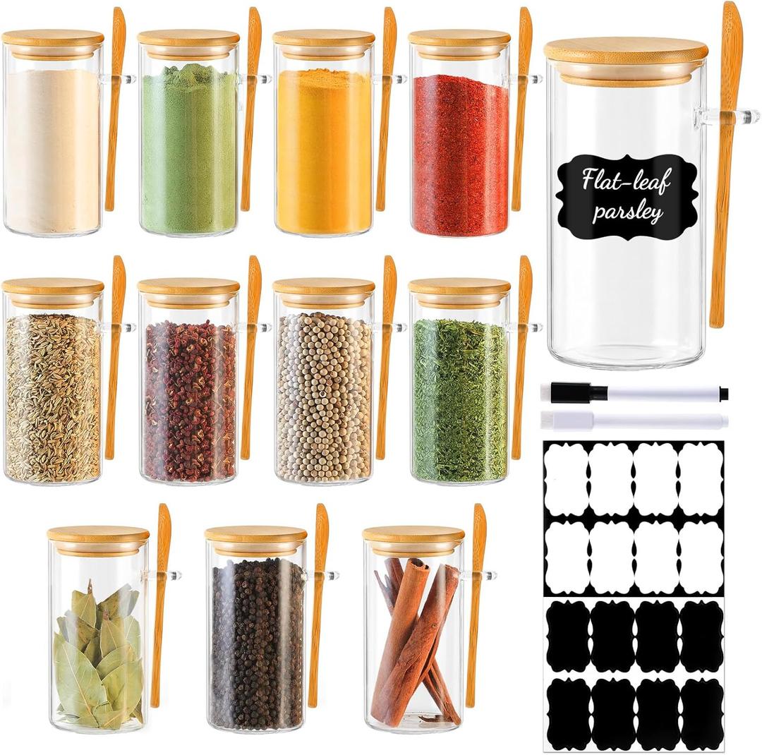 12 Pack 10 oz Round Glass Spice Jars with Lids and Spoons  Airtight Small Spice Containers Set with Labels, Clear Glass Storage Jars for Seasoning, Spices, Kitchen Pantry Organization