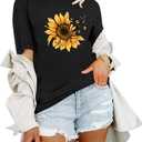 Women T Shirts Boho Graphic Tees Floral Loose Fits Casual Tops Summer Short Sleeves Shirts (Small, Black Sunflower)