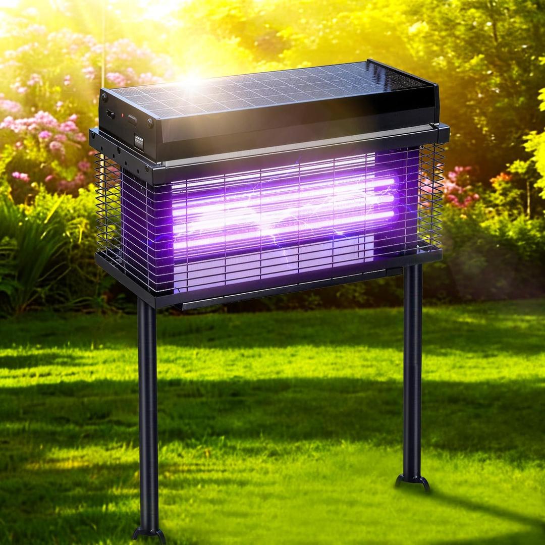 Solar Bug Zapper Outdoor, Purple UV Mosquito Zapper with Smart Rain Off Rechargeable Mosquito Killer Lamp, Wireless Solar Powered Fly Trap for Yard Patio RV Camping (Black)