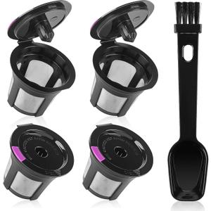 Reusable K Cups, 4 Pack Universal Fit Reusable Coffee Pods with Coffee Spoon, Refillable K Cups Coffee Filters with Food Grade Stainless Steel Mesh Fit for 1.0 and 2.0 Brewers Black