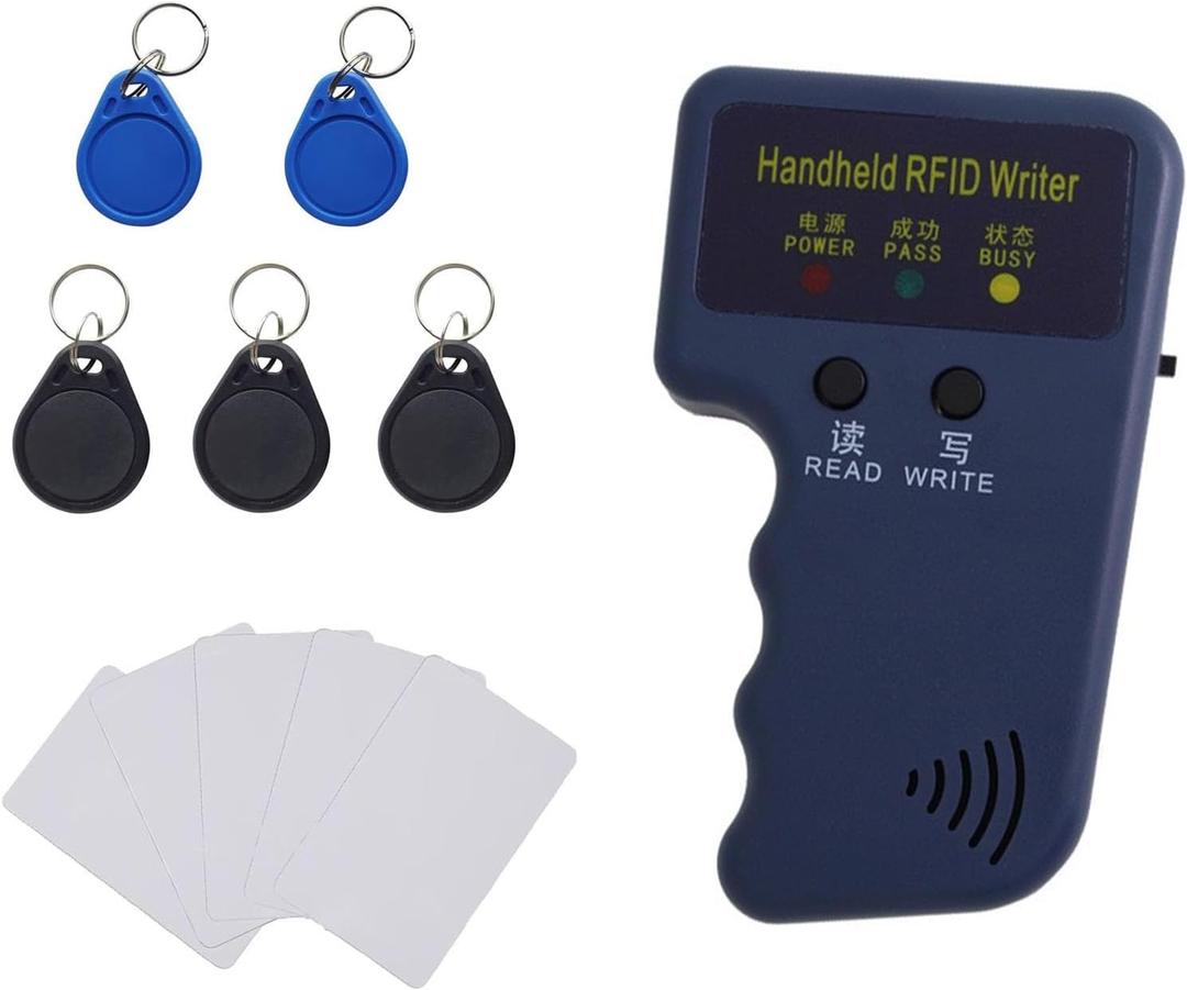 Handheld RFID Reader Writer 125kHz, ID Card Reader Writer Device for T5577 & EM4305 Chip with 5 T5577 Key Fobs + 5 writable Cards, for Access Control, Parking Cards, Hotel Keys (Battery Not Included)