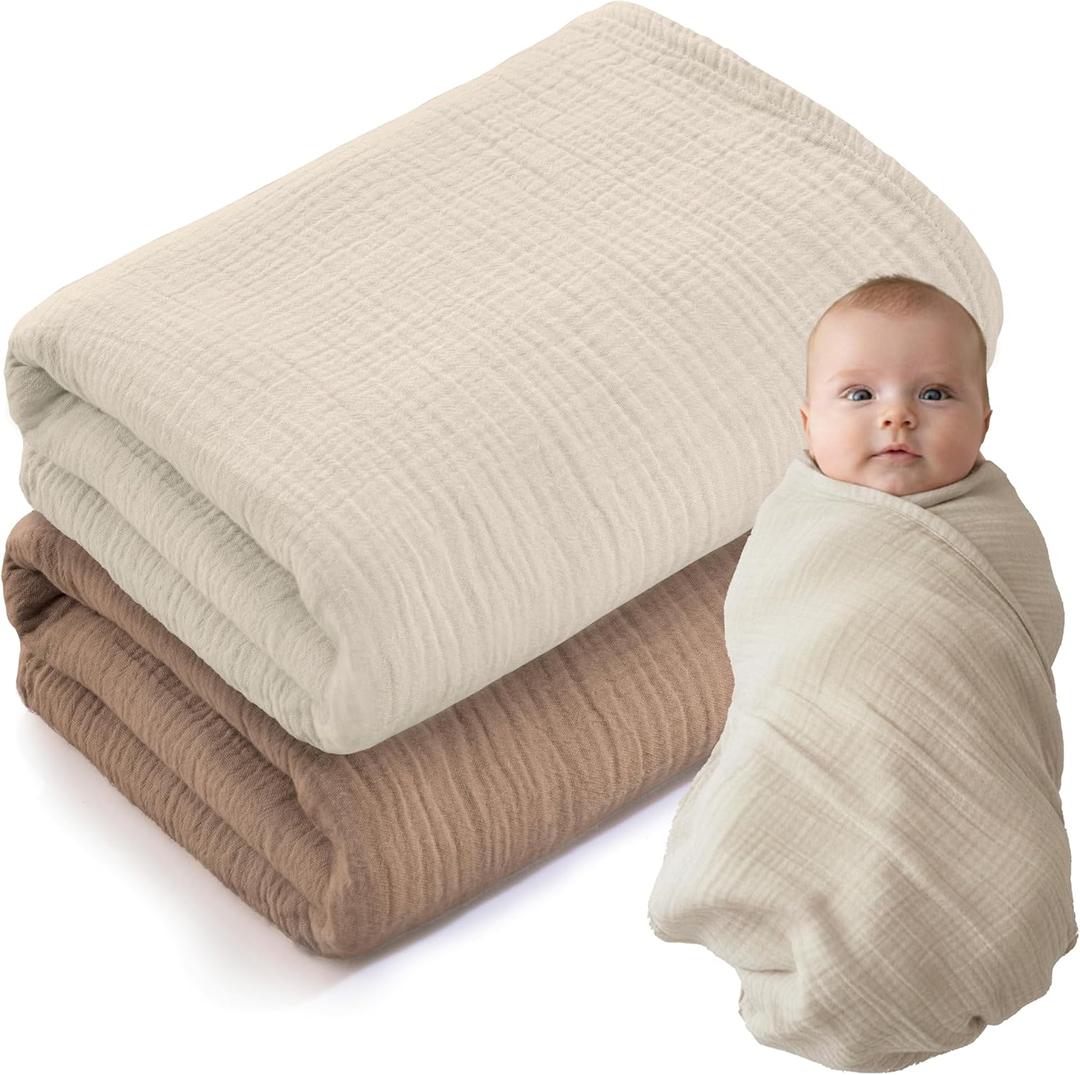 Muslin Swaddle Baby Blanket for Boys and Girls, 100% Cotton, Swaddles for Newborns, 47"x47", Soft Breathable Skin Friendly Warm  Pack of 2 (Beige & Brown)