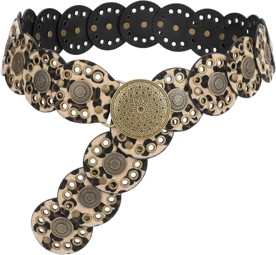 WHIPPY Western Belts for Women Vintage Disc Waist Belts Concho Leather Belts Boho Waist Belt for Dress Jeans (Fit Waist Size Below 43", Lepard(bronze Buckle))