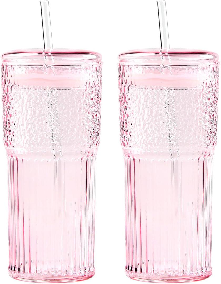 GOSCHE Glass Coffee Cups with Lids and Straws, 20oz Drinking Jar Glass Tumbler for Iced Coffee, Vintage Ripple Glassware Smoothie Cups, Pink, 2Pcs