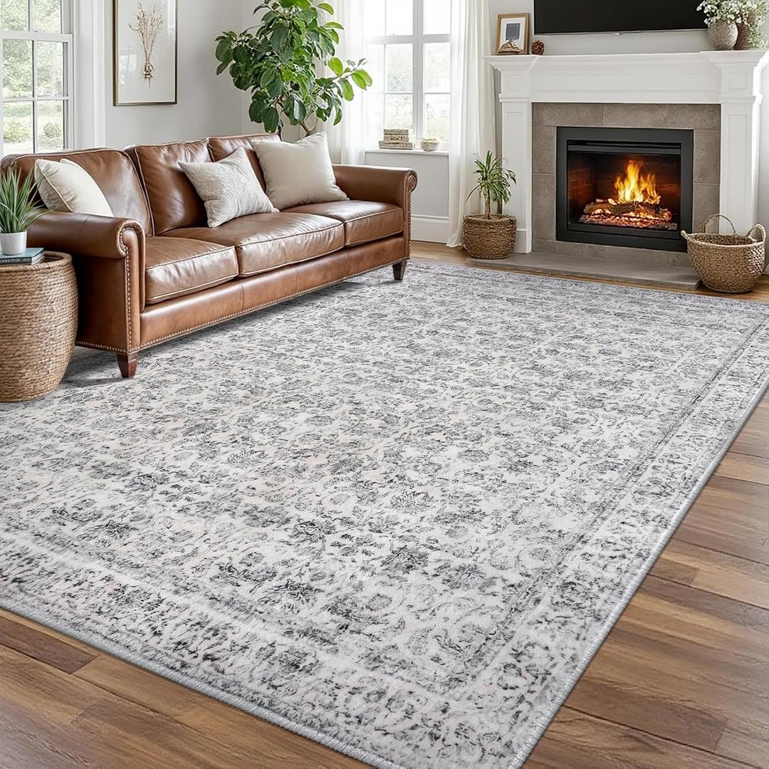 8x10 Area Rugs for Living Room, Machine Washable Large Grey Blue White Area Rug Non-Slip, Ultra Soft Vintage Floral Tribal Traditional Farmhouse Carpet for Dining Room Bedroom Home Dcor