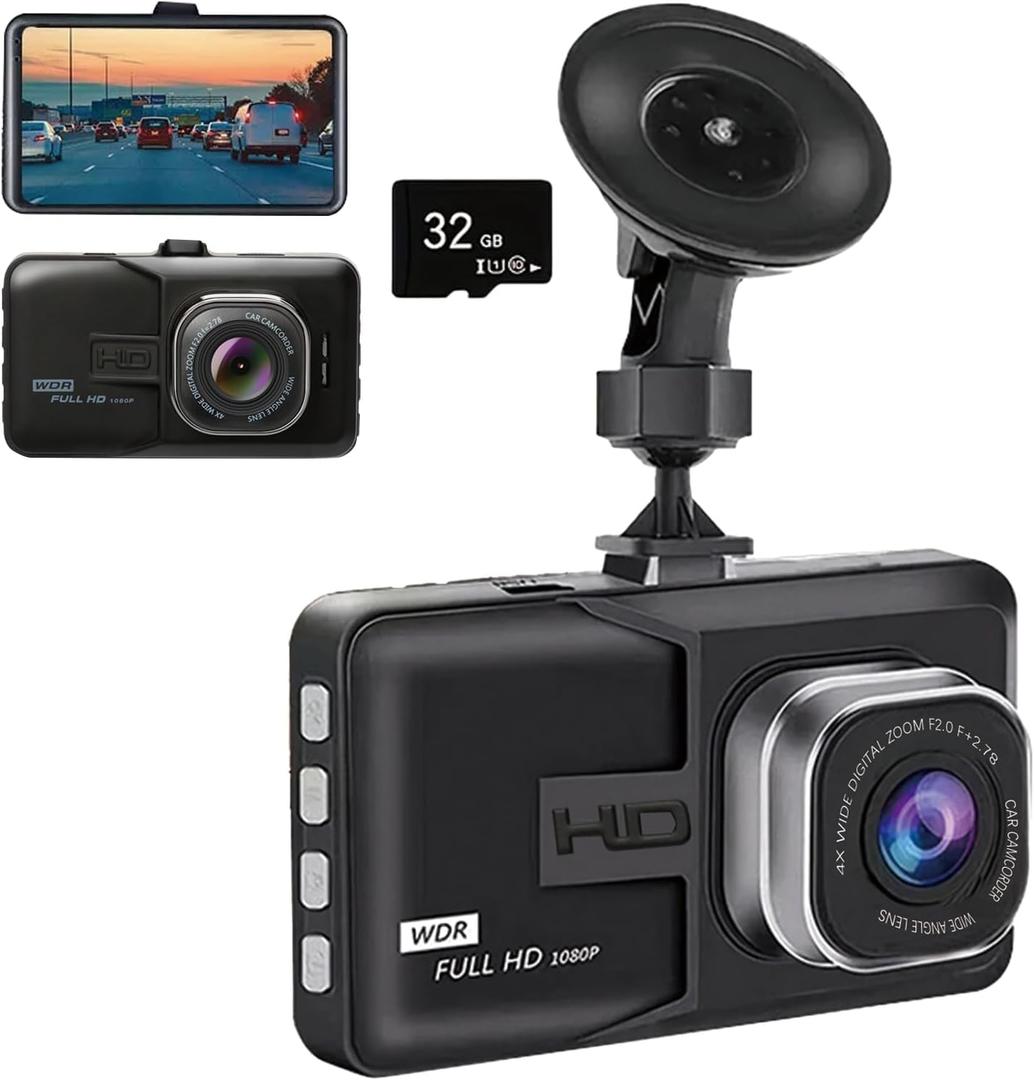 Dash Cam Car Dash Camera, 1080P Ultra Wide Angle HD Lens, HD Night Vision Car Surveillance Camera, Video Recorder, Hidden Video Recorder, Comes with 32GB Memory Card