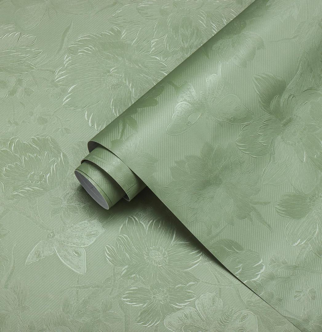 Erfoni 394"x17.7" Green Floral Embossed Wallpaper for Livingroom Cabinets Decorative Peel and Stick Wallpaper Floral Textured Removable Contact Paper Vintage Green Self Adhesive Wall Paper Vinyl Roll
