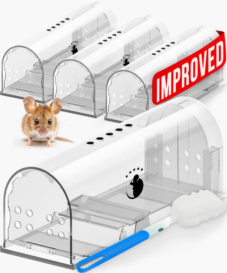 Motel Mouse Humane Mouse Traps No Kill Live Catch and Release 4 Pack - Reusable, Easy to Use & Clean, No Touch Release, Sensitive Includes Cleaning Brush, Instruction Manual & Video - Mousetrap Indoor
