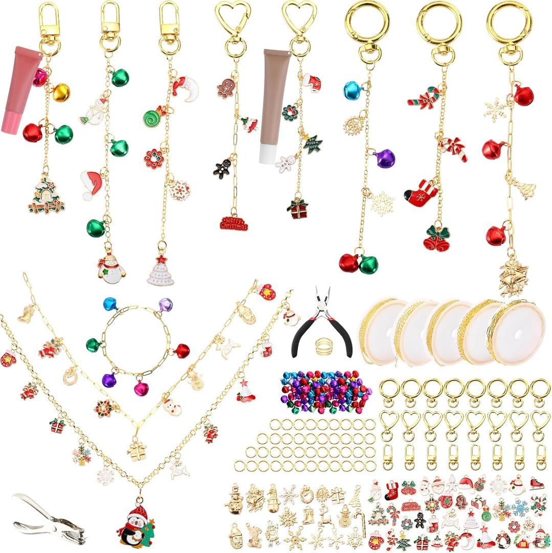 Liliaafar 325pcs Christmas Lip Gloss Keychain Making Kit for Women 60 Lip Gloss Charms 50 Bells 24 Keychain Clips 150 Jump Rings 32.8 Feet Gold Chains for Jewelry Necklace Bracelet Making DIY Crafts