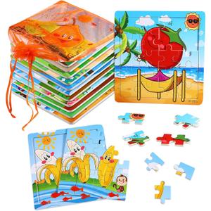 SANNIX 12 Pack Wooden Jigsaw Puzzles for Toddlers 3 4 5 Years Old, Party Favors Animals Jigsaw for Kids, Transportation Educational Puzzles Travel Toy with 12 Organize Bags