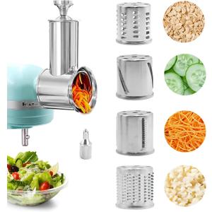 Stainless Steel Slicer Shredder for KitchenAid Mixer Attachment Vegetable & Cheese Grater Attachment with 4 Blades (Fine, Medium, Coarse, Slicer), with Knob, Dishwasher Safe, Durability