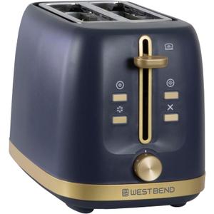 West Bend Timeless 2-Slice Toaster with 7 Browning Levels, Bagel/Waffle/Defrost Settings, High-Lift Lever, Anti-Jam, Easy-Clean Crumb Tray, 2-Slice, Blue/Gold
