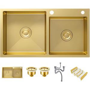 Gold Double Bowl Kitchen Sink, 31.5" 17.7" Stainless Steel Nano-Coated, Double Basin Sink, Drop-In Undermount, With Gold Sink Stopper Drain Strainer